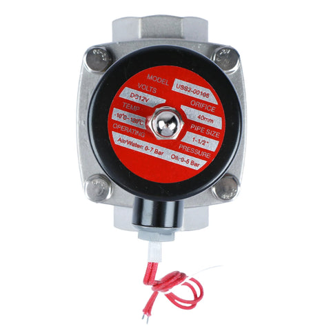 Stainless steel 1-1/2 inch solenoid valve with red label, 12V DC, normally closed