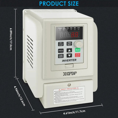 Front view of 220V Single Phase To 3 Phase VFD Inverter for spindle motors, 2.2 kW 3 HP, 12 A, with digital display and controls.