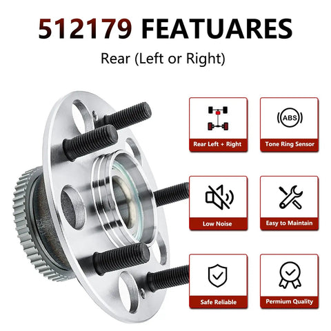 Pair Of Rear Wheel Bearing Hub Assemblies Fits Honda Accord 1998 1999 2000 2001 2002 V6 3.0L And Acura TL 1999 2003 Wheel Hub Bearing Replacement Direct Fit Replacement For Easy Install And Long Lasting Performance, visible features include ABS tone ring and premium quality label