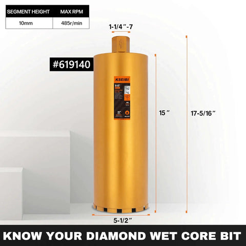 Front view of Heavy Duty Wet Core Drill Bit For Concrete And Masonry, Five And A Half Inch Diameter, Sixteen Inch Drilling Depth