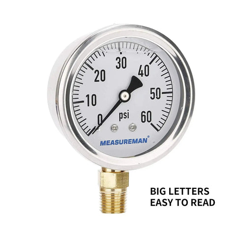 Front view of Glycerin Filled Plumbing Pressure Gauge For Vibration Prone Lines, 0 To 60 PSI, 2 And One Half Inch Dial, Stainless Steel Case, One Quarter Inch NPT Lower Mount, Heavy Duty Readouts That Fight Pulsation And Deliver Accurate Values