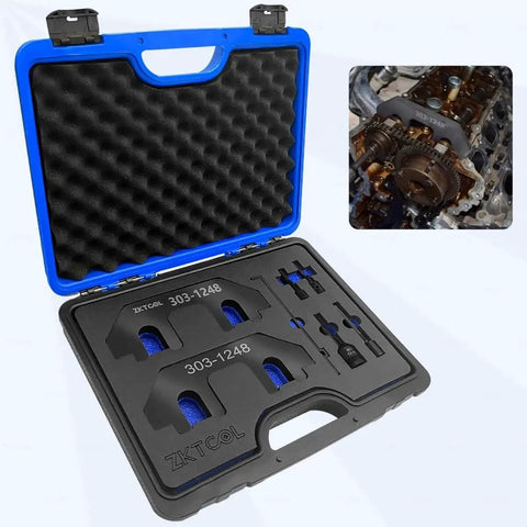 Seven Piece Go-To Camshaft Holding Timing Tool Kit For Ford 3.5L And 3.7L 4V Engines Includes Chain Tensioner Holder Crankshaft Blocking Pins And Sponge Box For Easy Timing Chain Repair And Precise Camshaft Positioning At TDC in open case