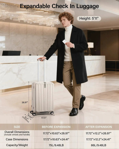 Man with Top Opening 24 Inch Expandable Hard Shell Luggage With Wheels Lightweight Travel Checked Bag Ivory White in hotel lobby