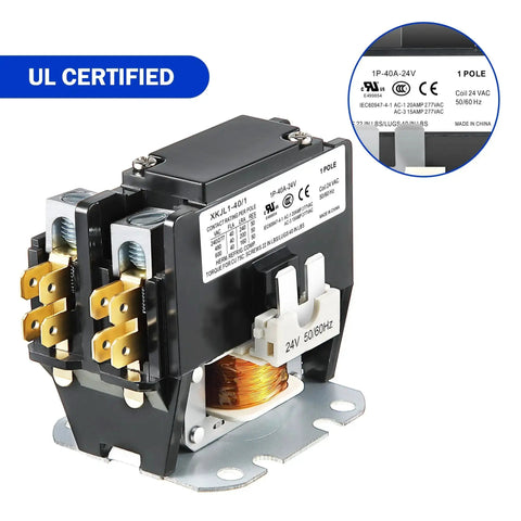 4 Pack 24V One Pole AC Contactor for HVAC Systems, heavy duty 40A FLA and 50A RES, UL Listed, close-up view of the product and label
