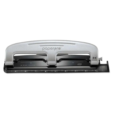 Front view of EZ Squeeze 12 Sheet Three Hole Punch With No Jam Tech, all-metal silver and black design with built-in ruler.