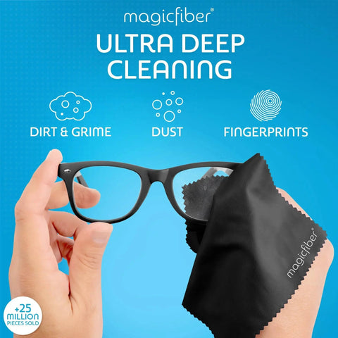 Cleaning glasses with microfiber cloth showcasing glasses cleaner kit with two sprays and two microfiber cloths for lenses screens.