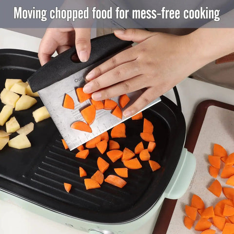 Stainless Steel Dough Pastry Bench Cutter Scraper Two Pack For Kitchen Baking With Laser Engraved Measuring Scale In Use Cooking