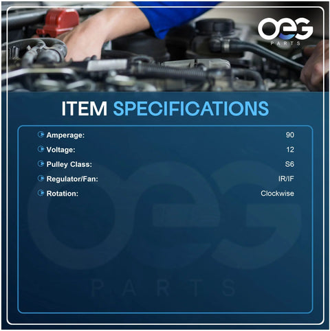 Image showing specifications for New 12V 90A Alternator For Hyundai Accent 1.6L 2012 2017 And Veloster 1.6L Naturally Aspirated 2012 2017 CW Rotation With IR Regulator IF And S6 Pulley Swap Ready Replacement Part Numbers 2608483 2616741 37300 2B300 37300 2B500 37300 2B510. Features 90 amperage, 12 voltage, S6 pulley class, IR/IF regulation, and clockwise rotation.