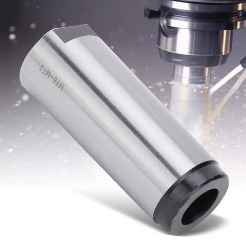 KANASI taper drill sleeve, steel MT5-MT3 reducing adapter; silver cylindrical tool with black end collar