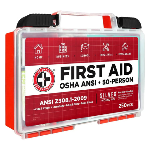 OSHA And ANSI Compliant First Aid Kit For 50 People, 250 Pieces, red and white compact portable medical supply kit