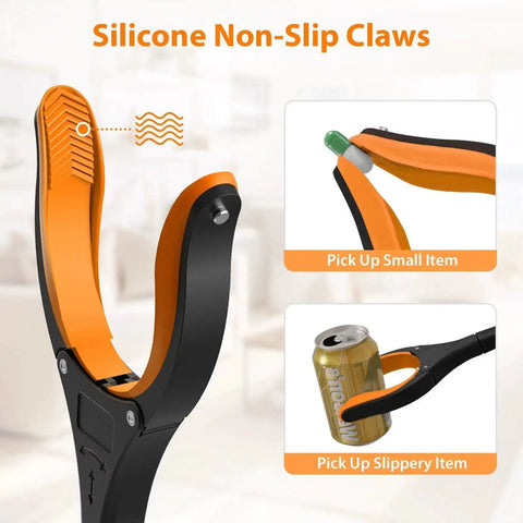 32 Inch Foldable Grabber Reacher Tool 2 Pack With 360 Degree Rotating Jaw And Magnet showing silicone non-slip claws for picking up items by REWKCY.