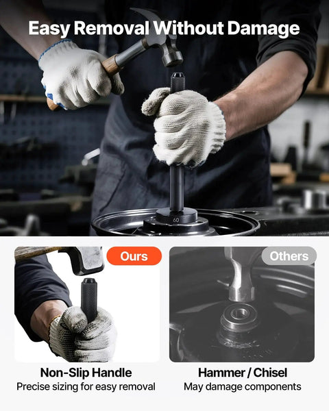 52 Piece Custom Bushing Bearing And Seal Driver Set And 16 Piece Slide Hammer Puller Kit in use, showing non-slip handle design