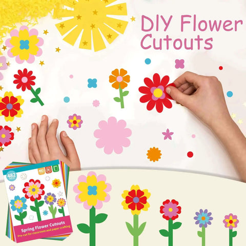 Hands arranging colorful flowers from 482 Piece DIY Flower Cutouts Set With Colorful 2 Sided Cardstock Flowers Die Cuts And Glue Points