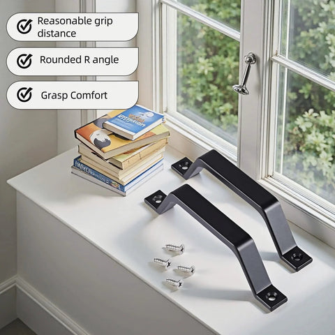 6.1 Inch Matte Black Sliding Barn Door Handle Pull 2 Pack Heavy Duty Zinc Alloy For Cabinet Drawer Dresser Closet No Drill Install Easy Mount Rustproof displayed on a windowsill with installation screws.