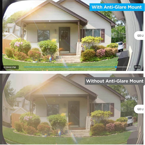 Comparison of video doorbell view with and without anti-glare mount affecting clarity of front yard and entryway.