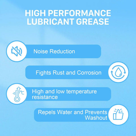 Infographic highlighting features of Heavy Duty 20g 3D Printer Lubricating Grease Oil Paste, including noise reduction and rust prevention.