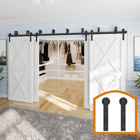 Interior with 10 Foot Four Door Double Track Bypass Sliding Barn Door Hardware Kit For Interior Use With Rails And Rollers Doors Not Included