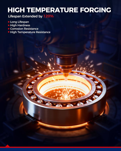 High temperature forging process showing sparks around a circular metal bearing, highlighting increased lifespan and durability features.