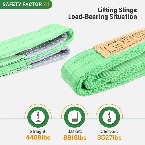 Lifting slings, 2-pack green polyester with flat eye-to-eye ends, 3.3 ft x 2 in, Amazon