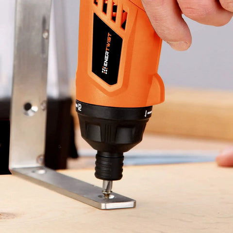 All-In-One 246-Piece Drill Bit and Driver Set for Wood, Metal, Concrete Drilling and Screw Driving With Plastic Carrying Case, Ideal for DIY Projects and Home Repairs by EnerTwist ET-DBA-246 being used on metal bracket on wood surface