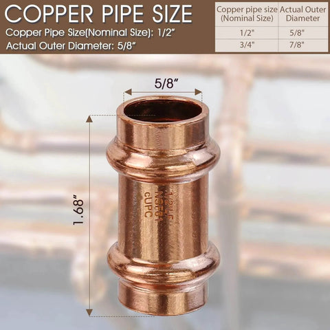 Zero Lead Copper Press Fittings One Half Inch Copper Coupling With Stop Five Eighths Inch Outer Diameter Twelve Pack PxP Press Fittings For Plumbing Use With Hydraulic Press Tool Durable Pure Copper Connectors, close-up on white background with dimensions labeled.