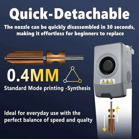 Quick-detachable 0.4mm nozzle for 3D printer, easy disassembly, shown with AD5X hotend. Ideal for speed and quality printing.