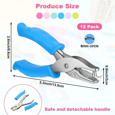 12 Pack Dope Cushioned Grip Single Hole Paper Punch Heavy Duty Hand Tool with blue handles and 6mm circle punch size