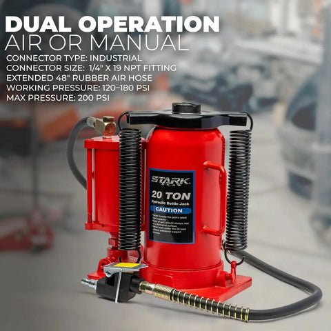 20 Ton Low Profile Bottle Jack With Manual Pump For Vehicle Lifts 10.25 To 20 In, red jack with dual operation pumps