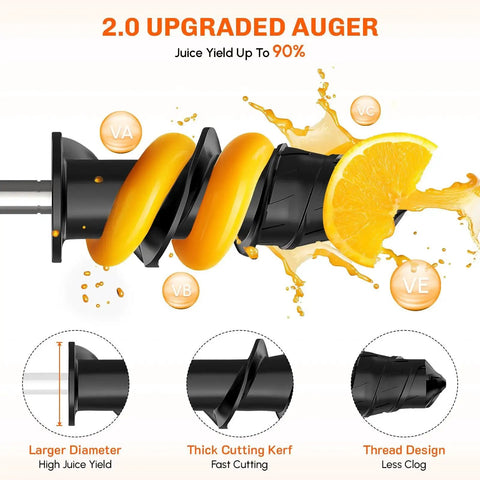 Cofun Masticating juicer attachment for KitchenAid stand mixer; orange auger with black housing and juice splash.
