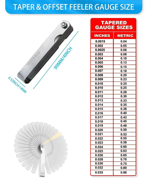 32 Blade Feeler Gauge Set Heavy Duty Stainless Steel Dual Marked Metric And SAE Foldable shown with size chart