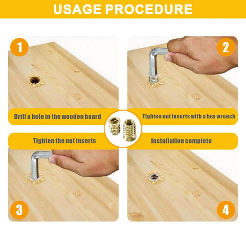 Steps using 170 Piece Wood Threaded Inserts Kit With 10 Sizes And Hex Wrenches For Woodworking Furniture And Cabinet Projects