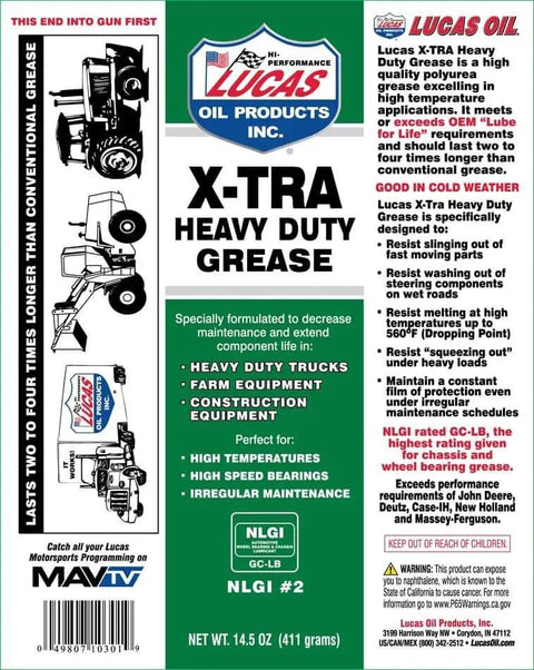 Label of XTRA Heavy Duty Grease 14 Oz Tube For Auto, Truck, Industrial, Marine, Farm And Off Road Equipment Waterproof, Extreme Pressure, High Temp Polyurea Formula Long Lasting Lubrication Case Of 10