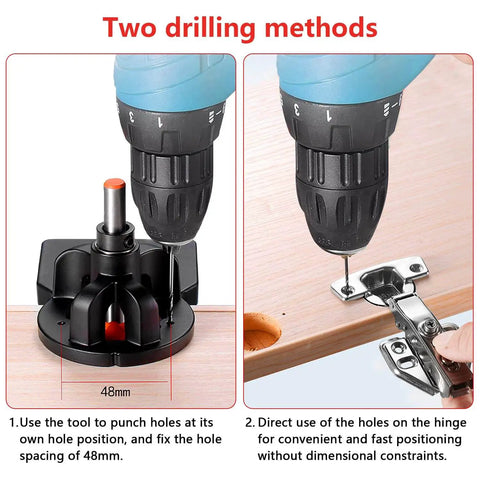 Concealed Positioning Hinge Hole Punch 35mm Door Hinge Jig With 2 Retaining Clips in use, showing two drilling methods on wood.