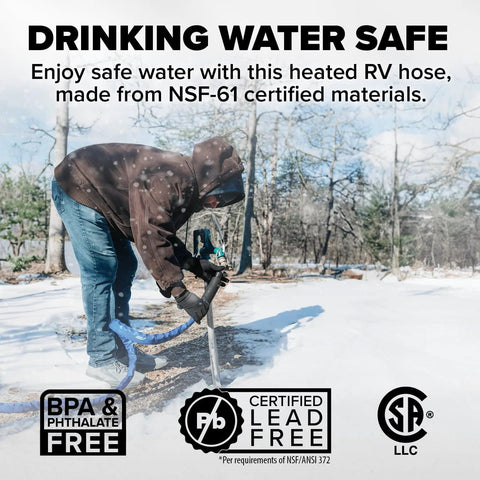 Blue heated RV water hose in use outdoors in a snowy landscape.