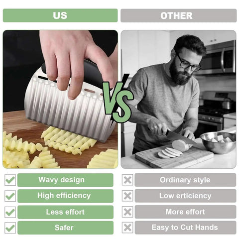 Comparison of a Stainless Steel Onion Holder And Slicer With Crinkle Cutter Multitool Kitchen Gadget and traditional knife use.