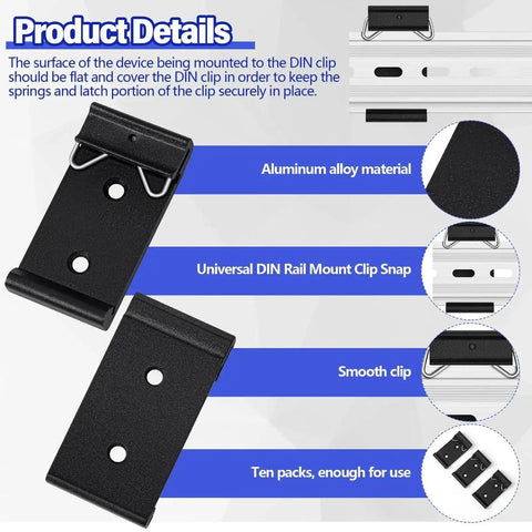 Image showing black aluminum 10 Pack Din Rail Mount Clips 1.02 Inch Wide Snap In Universal Brackets Fixed Clamp for 35mm DIN Rail Switches.
