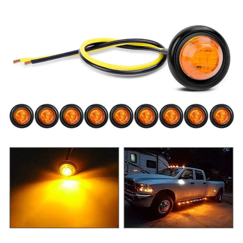 10-Pack Compact 3/4 Inch Round Clearance LED Marker Lights Kit For Truck, RV, Car, Bus, Trailer, And Boat Amber 12V