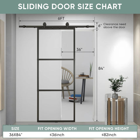 Clear Tempered Glass Barn Door 36 Inch By 84 Inch With Carbon Steel Frame Pre Drilled Panel Sliding Door Kit With 6 Ft Hardware And Soft Close Easy To Install No Carpentry Needed shown with size chart