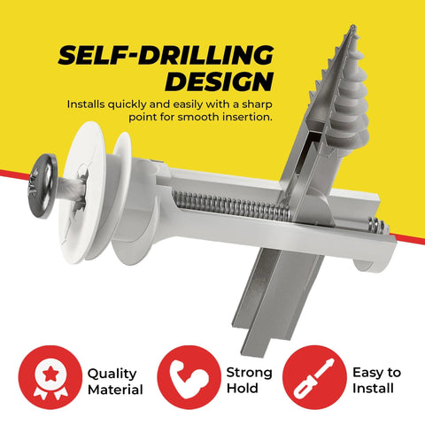Close-up view of self-drilling drywall anchor from Heavy Duty Drywall Anchors And Screws Kit Including Toggle Anchors And Self Drilling Zinc Plastic Anchors For Hanging Pictures And More Durable Corrosion Resistant Fastening Set For Versatile Home Improvement Projects And Heavy Duty Wall Mounting With, showcasing screw and anchor parts.