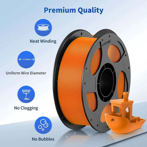 PLA 3D Printer Filament 1.75mm 1Kg Spool in Vibrant Orange with Precise Dimensional Accuracy 0.02mm and 3D printed boat display.