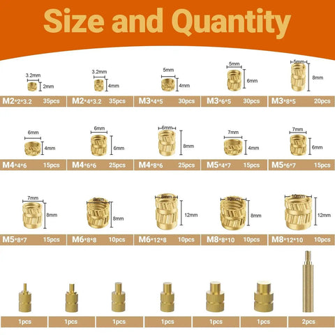Size and quantity chart of All In One Heat Set Threaded Inserts Kit With 300Pcs M2 M3 M4 M5 M6 M8 Inserts 100W Digital Soldering Iron Stand And Tweezers Great For 3D Printer Parts And Plastic Projects