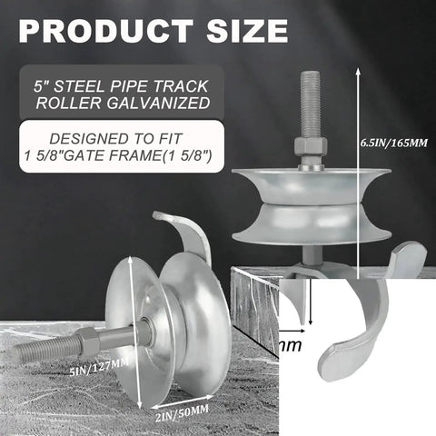Two Pack Sliding Gate Rollers With Five Inch Steel Wheel For One And Five Eighths Inch Pipe Track Gate Hardware Kit Galvanized And Hot Dipped For Long Lasting Durability Featuring Heavy Duty Pressed Steel Construction For Smooth Operation Outdoors, showing galvanized 5-inch steel wheel and dimensions.