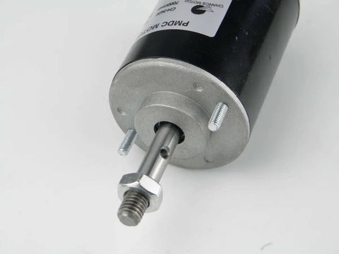 Close-up of Beefy 30W Permanent Magnet DC Motor CH 3420 24V 7000 RPM Reversible CW CCW showing shaft and metal construction.