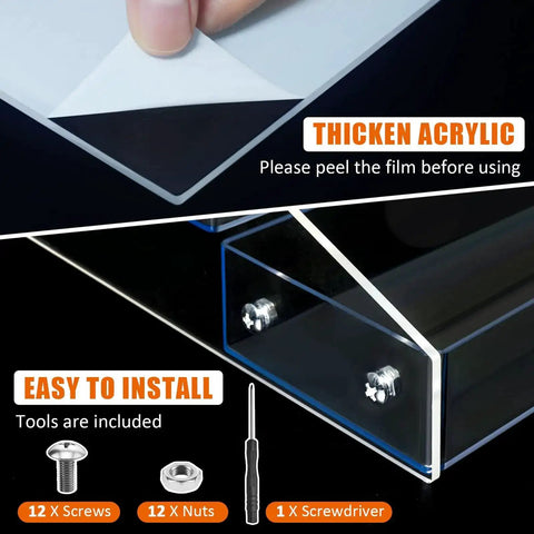 Close-up of clear acrylic miniature display shelf with film being peeled, showing installation tools including screws and screwdriver.