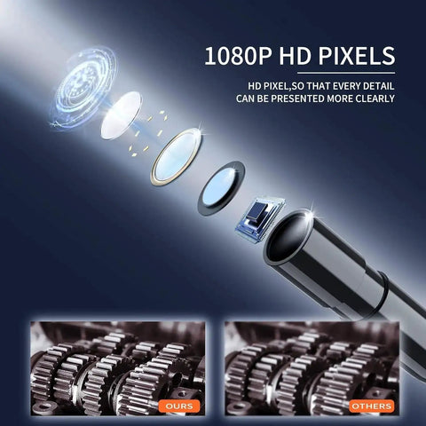 Close-up of 1080P HD Endoscope Camera With Light 4.3 Inch LCD Display IP67 Waterproof Snake Borescope lens components and clarity comparison.