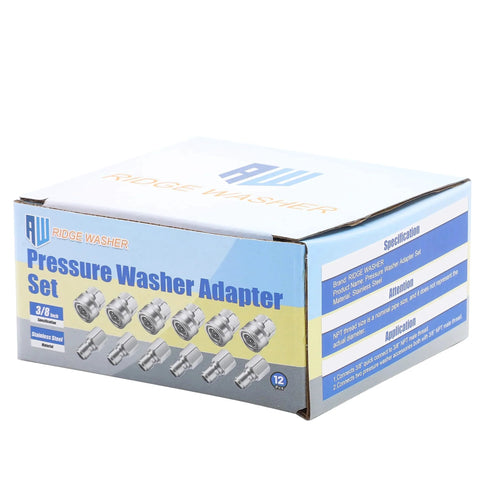 Box displaying Three Eighths Inch Pressure Washer Quick Connect Kit Pro Grade Stainless Steel Fittings 12 Piece Set
