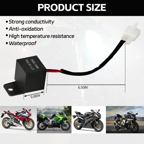 Motorcycle LED Flasher Relay 2 Pin 12V DC Automatic Operation Universal Fit Black with dimensions and performance features