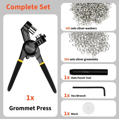 Three Eighths Inch Handheld Eyelet Kit With Pliers, Grommet Press, And 300 Silver Anti Rust Grommets For Tarp Leather Fabric Tent Projects