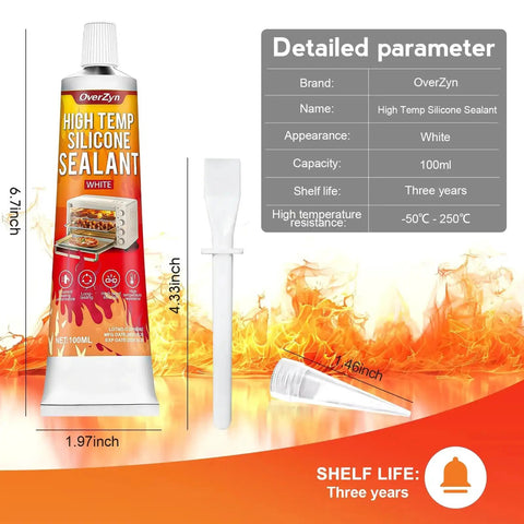 Heavy Duty High Temp Silicone Sealant 3 Point 8 Oz White For Extreme Heat Bonds And Seals In Ovens Grills And Fireplaces Workhorse Sealant With Flexible Durable Performance And Wide Temperature Range From Minus Fifty To Two Hundred Fifty Celsius shown with packaging and details