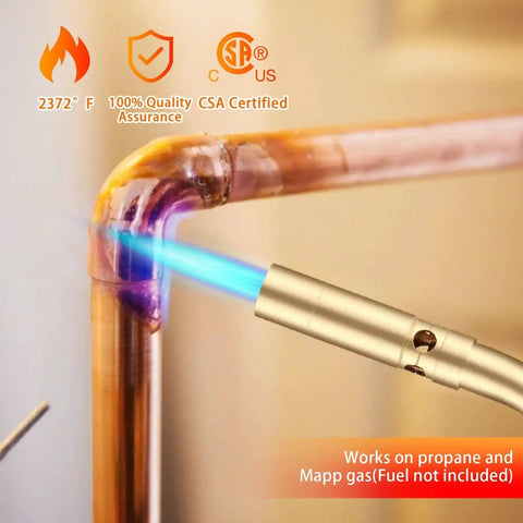 Beast Mode Brass Propane Torch Head With Manual Start in use soldering a copper pipe, showing blue flame, CGA600 compatible